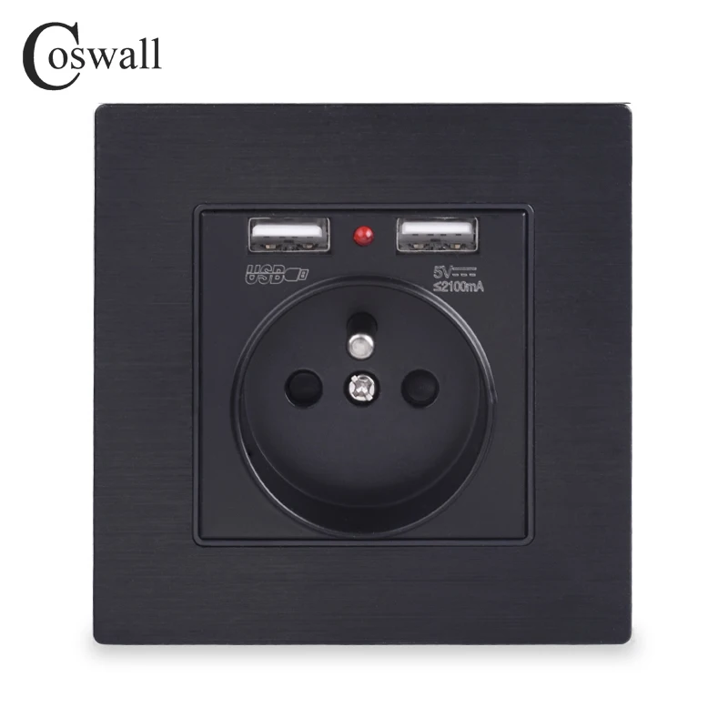 Черная алюминиевая металлическая панель Coswall с двумя USB портами для зарядки а 16 А