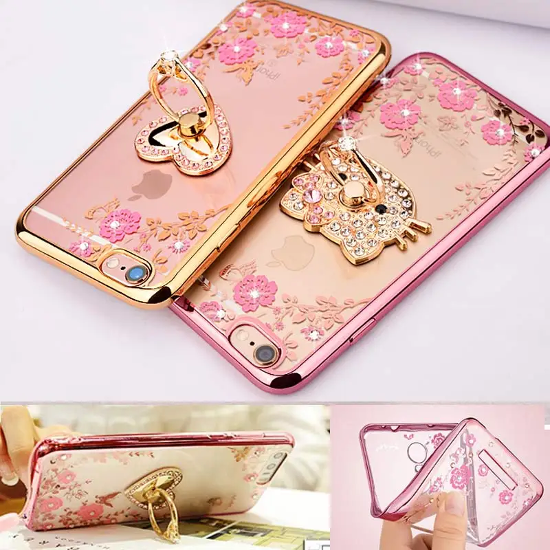 

Flora Diamond Ring Holder Stand Case for iPhone 7 7plus 5 5s SE 6 6S Plus 4s Chic Flower Crystal Bling Soft TPU Clear Phone Case