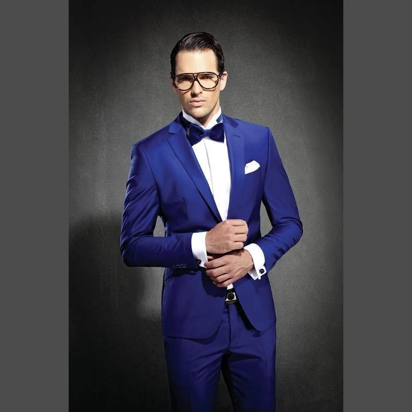 

2017 New Royal blue Tailored Tuxedos Wedding Groom Suits For Men Slim Fit Groomsmen Suit One Buttons Bridegroom Jacket Pants