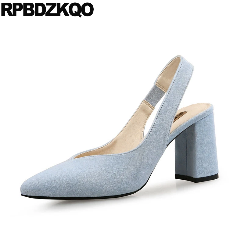 высокие каблуки Короткая Slingback мода Работа насосы Размер 4 34 Синяя женская обувь