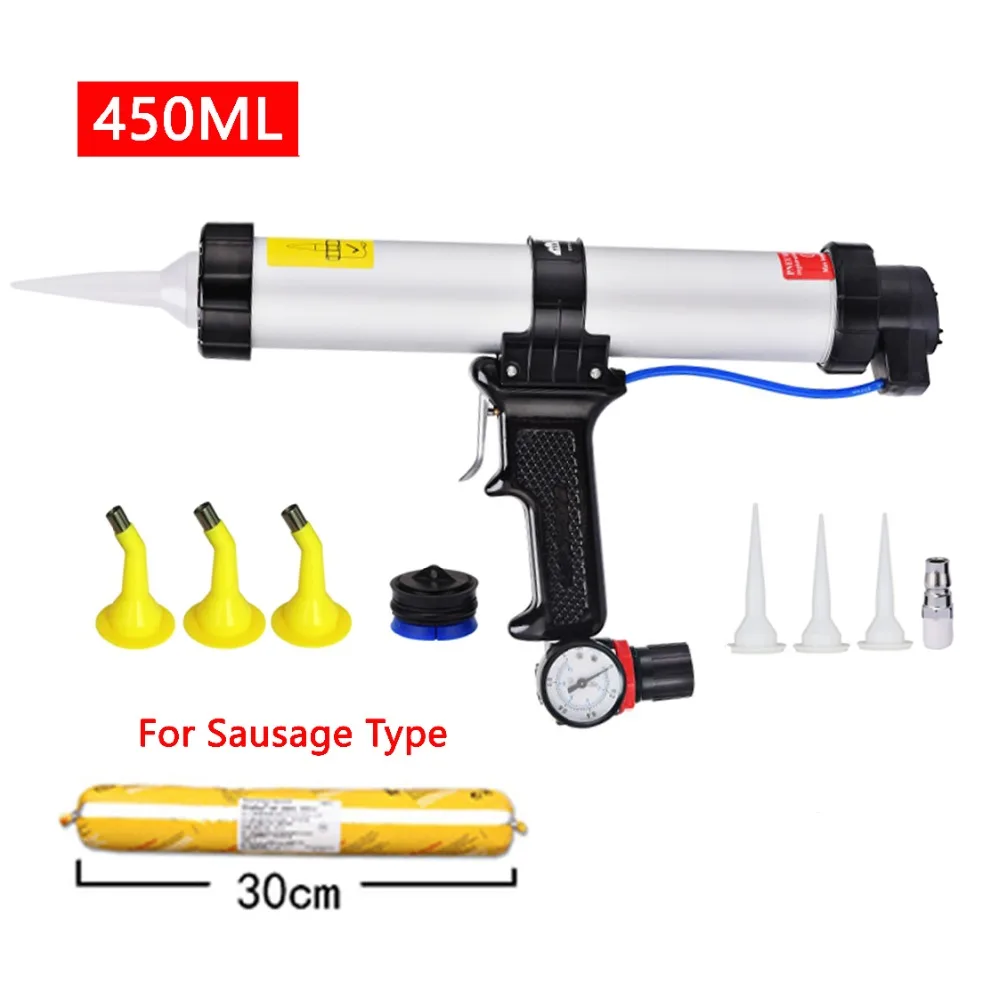

ZQXYSJ 450ml Sausage Caulk Gun Air Pneumatic Sealant Manual Glass Caulking Gun Silicone Pistol Tools Set With Watch Nozzle Valve