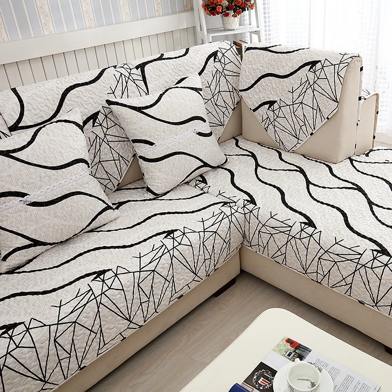 Black Strips Decoration Sofa Cover Cotton Slip-resistant Sofa Towel Chair Covers Mats Living/Drawing Room Decorative L-Shaped