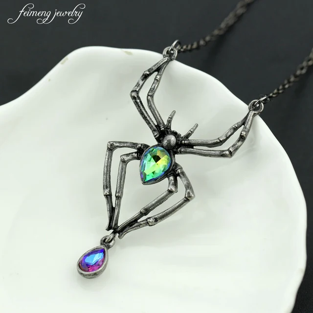 black spider green crystal gothic punk retro zinc alloy pendant necklace women s jewelry vintage