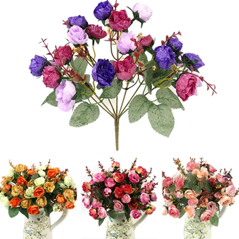 1Bunch Fresh Artificial Rose Flowers 21 Heads Romantic DIY Fake Silk Floral for Wedding Party Home Decoration