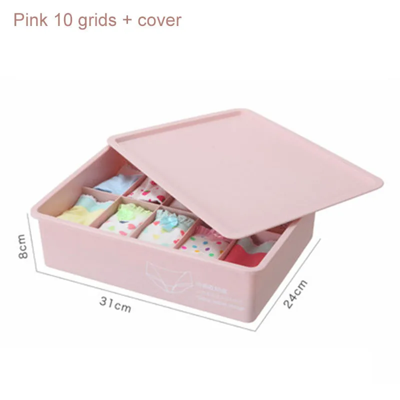 Pink 10 grids Коробка для хранения нижнего белья с крышкой 10/15 сетки для домашнего гардероба ящик шкафа Органайзер чехол для носков трусики бюстгалтеры - Цвет: Pink 10 grids
