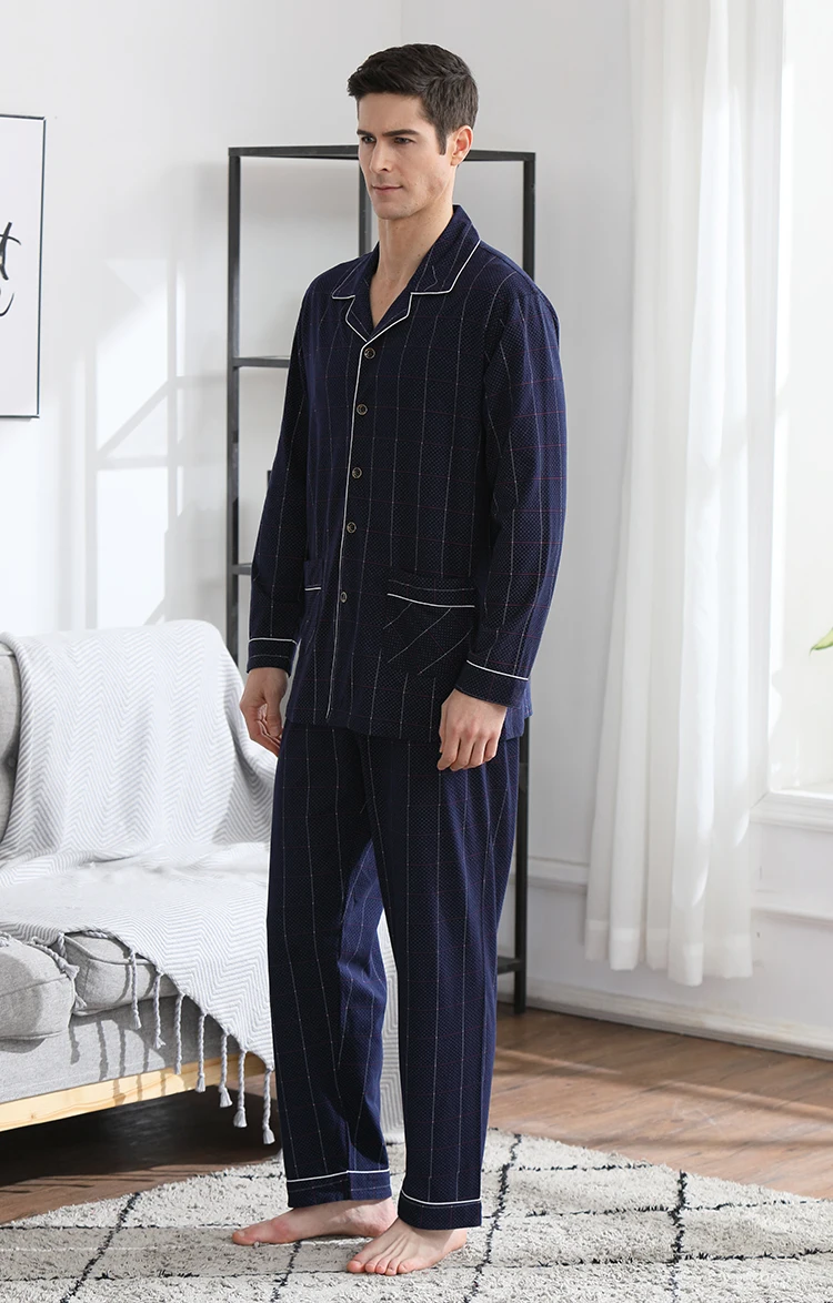 CherLemon весенние мужские хлопковые повседневные клетчатые Пижамные комплекты в горошек, Мужская классическая домашняя одежда с длинным рукавом и отложным воротником