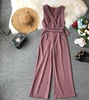 ALPHALMODA 2022 Spring Ladies Sleeveless Solid Jumpsuits V-neck High Waist Sashes Women Casual Wide Leg Rompers ► Photo 3/6