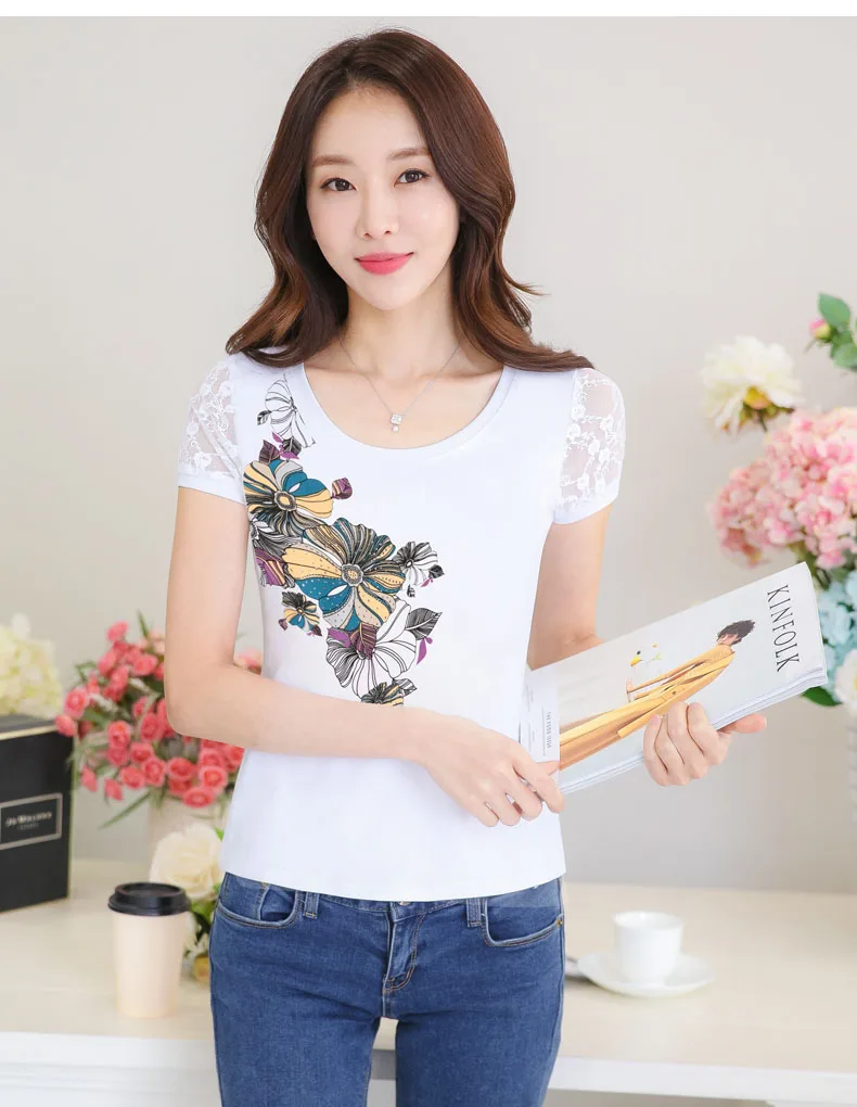 Camisetas verano mujer женские Стразы с коротким рукавом футболки женские топы с бриллиантами цветочный принт женские футболки Vetement Femme