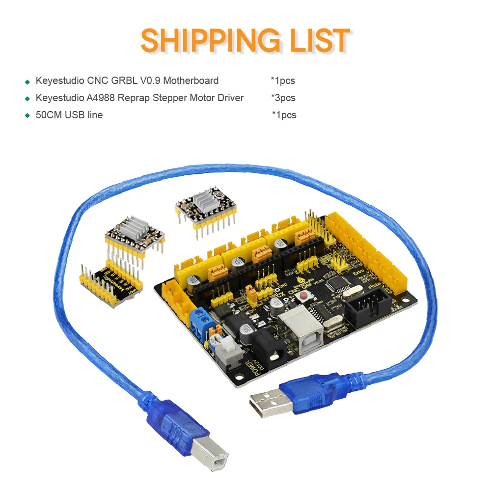 Плата Keyestudio CNC V0.9A + 3 драйвера 4988 с радиатором и USB кабелем для arduino CNC/лазерной
