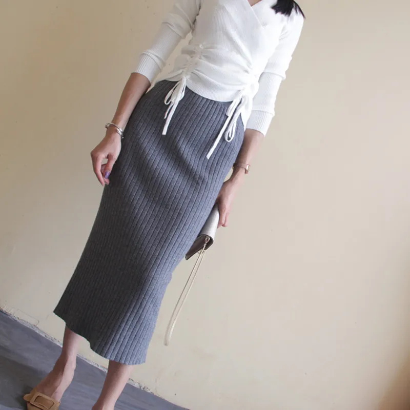 

Free Shipping 2018 New Elegant Women Winter And Autumn Skirts Ladies Pencil Elastic Waist Long Mid-calf Skirts With Slit Stretch