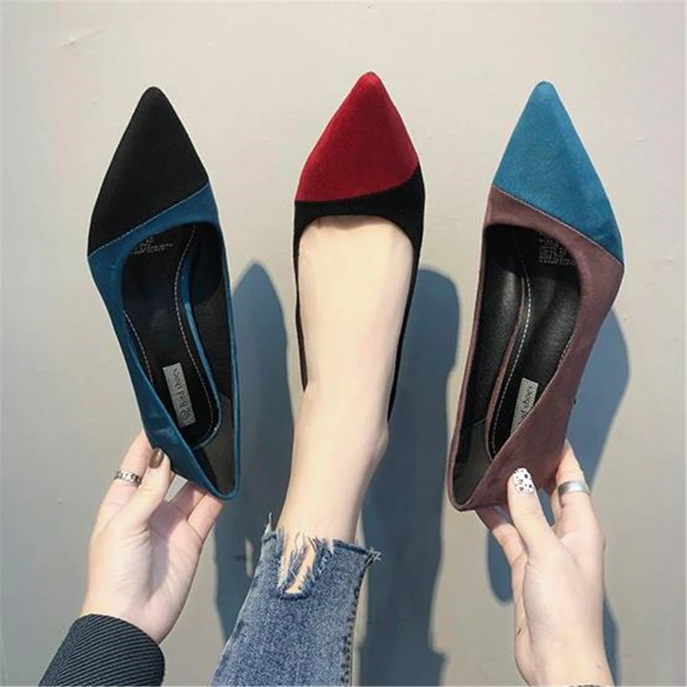 

2019 spring new color matching pointed stiletto high heels women color matching single shoes suede with women's shoes simple
