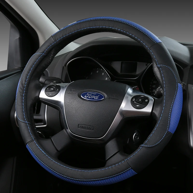 

KKYSYELVA Black Car Sport Steering Wheel Cover Leather Auto Steering Covers Universal 38CM wheel covers Car Inter Accessories