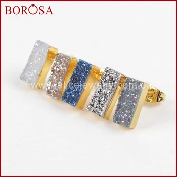 

BOROSA 5pairs Titanium Crystal Druzy Stud Earrings for Women, Mix Color Gold Color Rectangle Drusy Crystal Stud Earring G1223