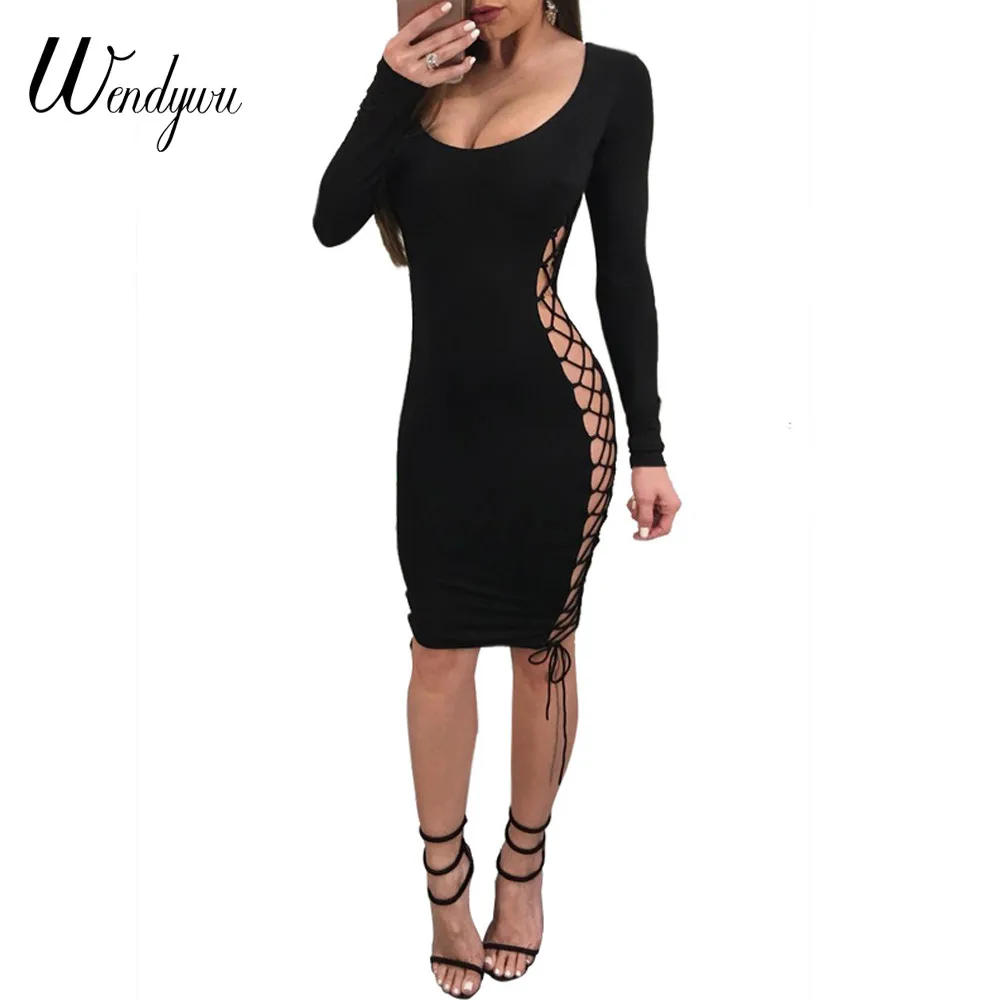 

Wendywu Autumn 2018 New Women Dress Sexy Straps Side Lace Up Dress Women Clubwear Bandage Party Dresses Hollow Out Clothes