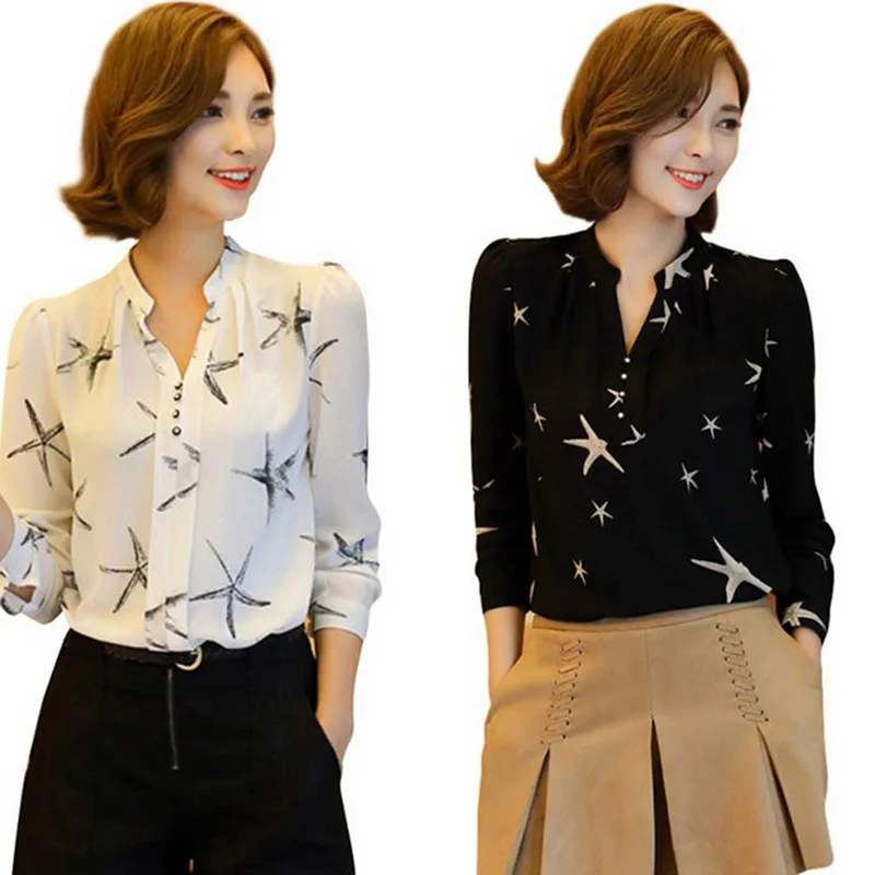 

Starfish Print Chiffon Shirt Office Ladies OL Long Sleeve Elegant Business Blouse Tops Woman Clothes