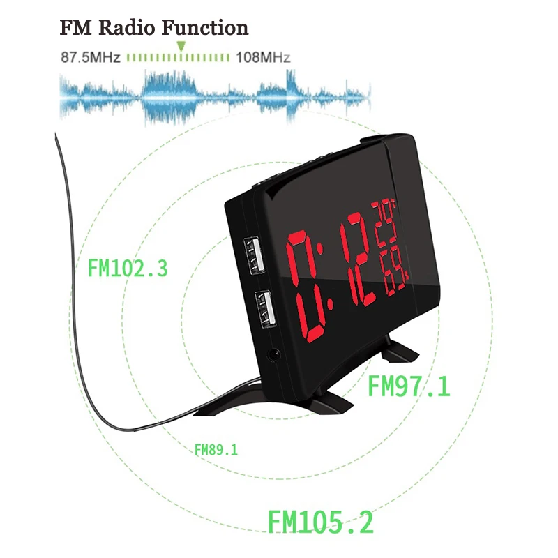 Радио Будильник цифровой СВЕТОДИОДНЫЙ изогнутый экран часы-проектор 4 звука FM радио двойной стол часы настольные часы с проекцией