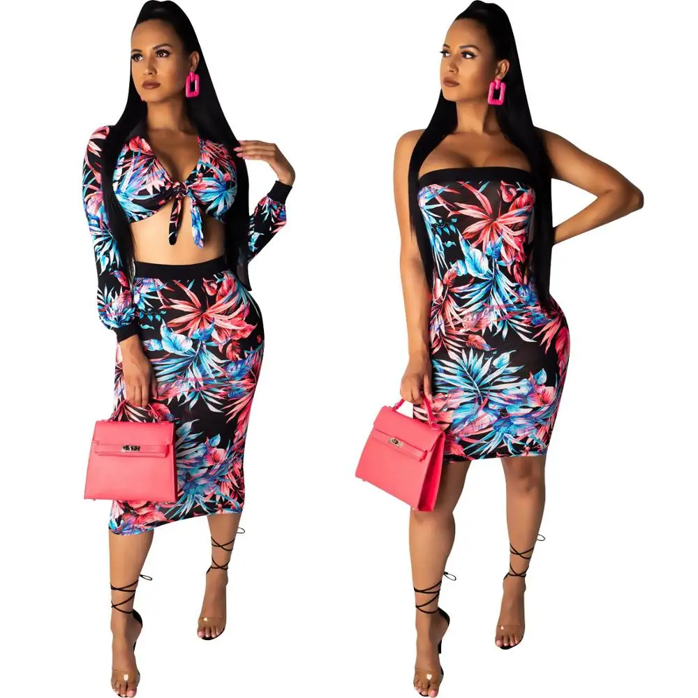

Hot Sale Contrast Color Print Sexy Women 2 Piece Set Full Sleeve Deep V Neck Lace Short Top And High Waist Sheath Skirts CY1143