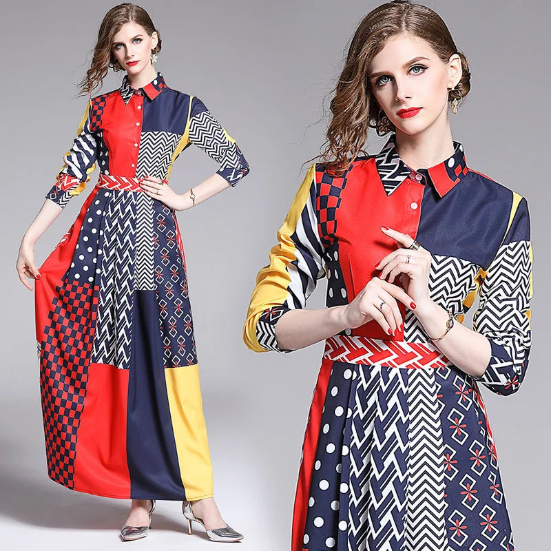 Autumn Winter Elegant Maxi Dress Women Vintage Contrast Color Geometry Pattern Printed Casual Turn-Down Collar Long Dress