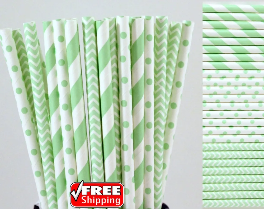 150pcs Mixed 3 Designs Mint Green Themed Paper Strawsswiss Dot,striped