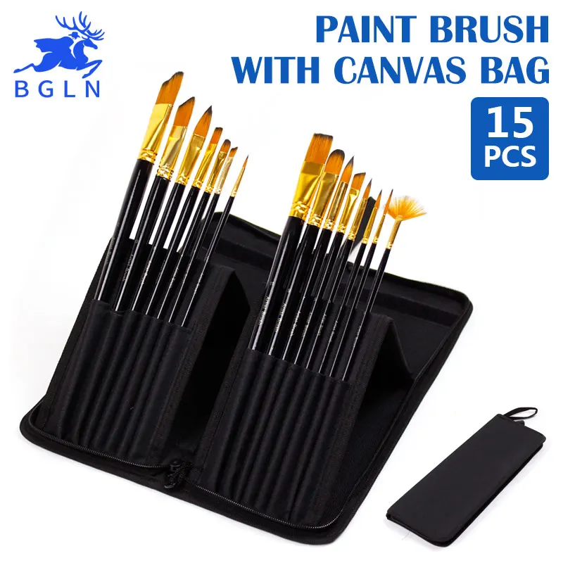 

Bgln 15Pcs/Set Nylon Hair Professional Watercolor Paint Brush With Canvas Bag Oil Acrylic Painting Brush Stationery Art Supplies