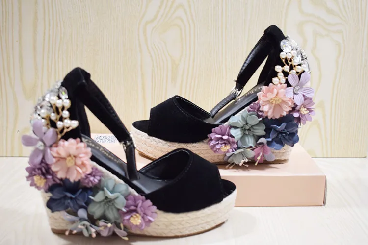 Bohemia wedges sandals Peep toe flower decor 9