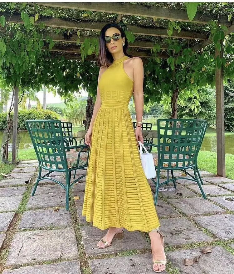 

Top Quality Yellow Color Ladies HL Bandage Dress Sleeveless A-line Floor-Length Dress Elegant Evening Party Dress