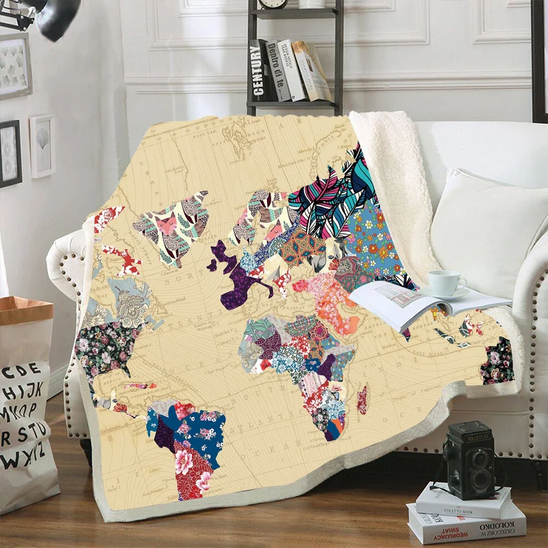 

World Map Printed Velvet Plush Throw Blankets for Kids Adults Yellow Sherpa Fleece Blanket for Beds Sofa Couch Black Thin Quilts