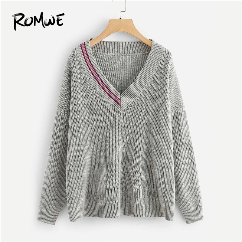ROMWE Grey Striped V Neck Sweaters Women Casual Autumn
