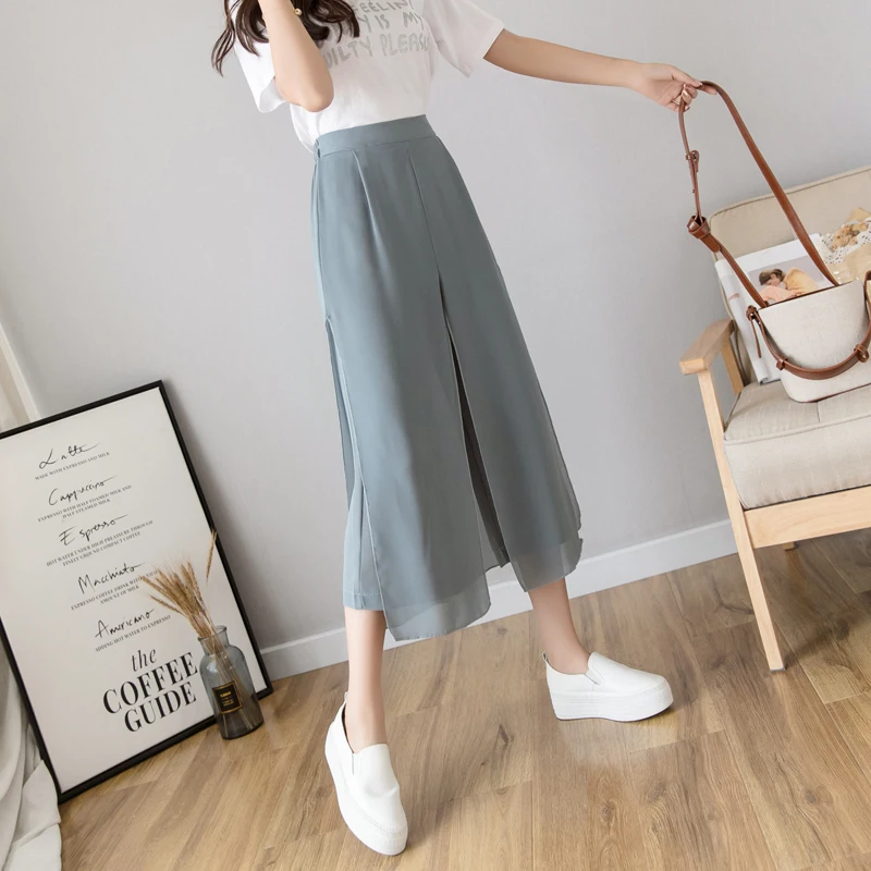 Elegant women summer pants wide leg elastic high waist split trousers casual streetwear fashion female palazzo pants Elegant women summer pants wide leg elastic high waist split trousers casual streetwear fashion female palazzo pants
