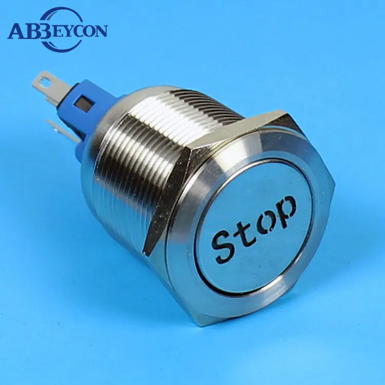 

ABBEYCON button switch Latching 22mm metal flat round waterproof words-engraving stop IP67 push button switch