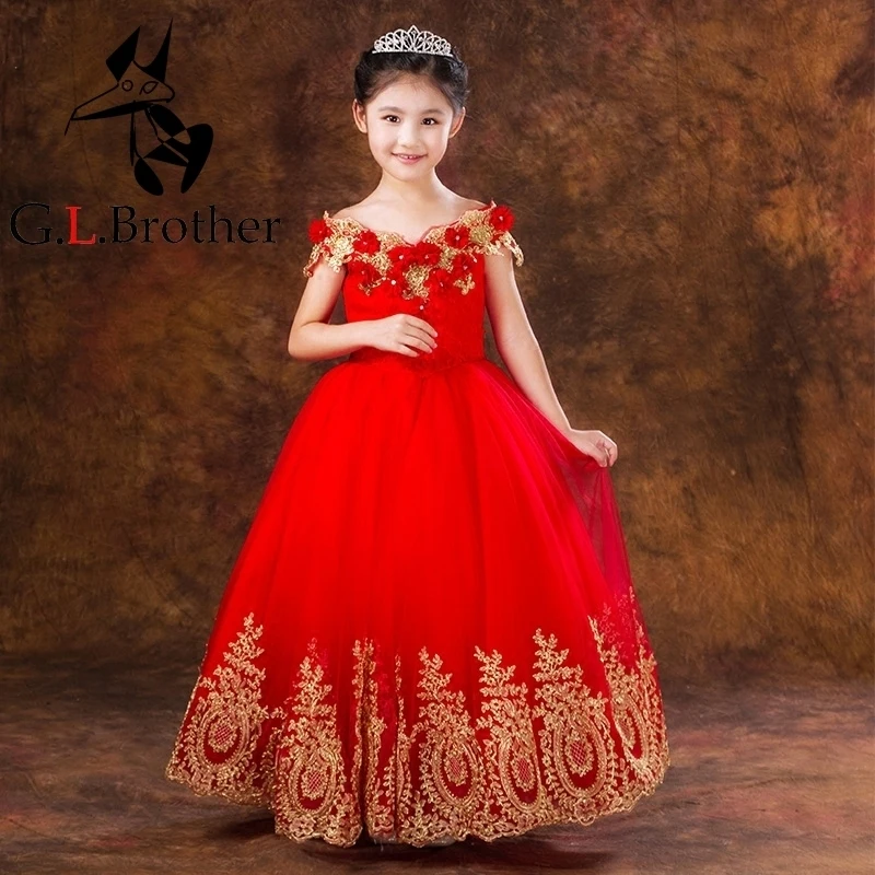 

2 Style Girl Princess Dress Shoulderless Kids Clothes Girls Wedding Dresses Red Flower+Crown Girl Evening Party Dresses P07