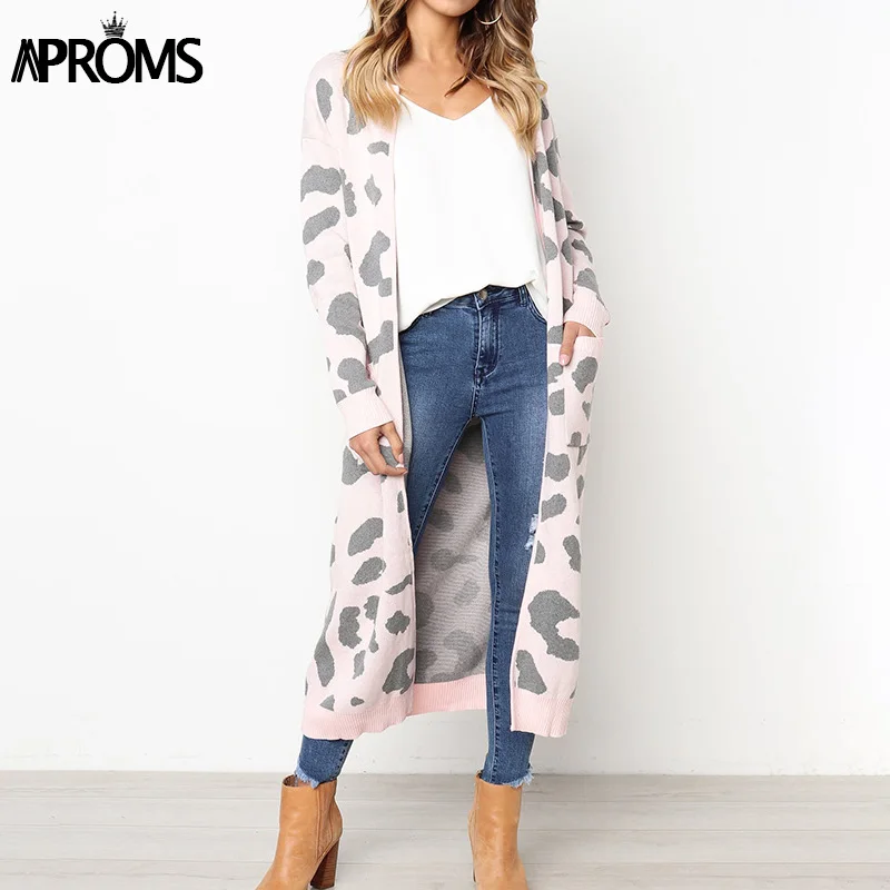Aproms, Леопардовый принт, вязаный длинный кардиган, женское Свободное пальто, открытый стежок, джемпер,, Осень-зима, свитер, Женское пальто