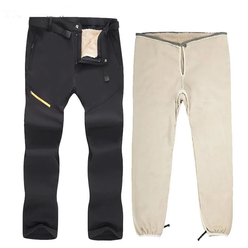 Hombres invierno Fleece 2 unidades Set pantalones de esquí deportes al aire libre senderismo Trekking escalada esquí viento cálido forro extraíble Pantalones