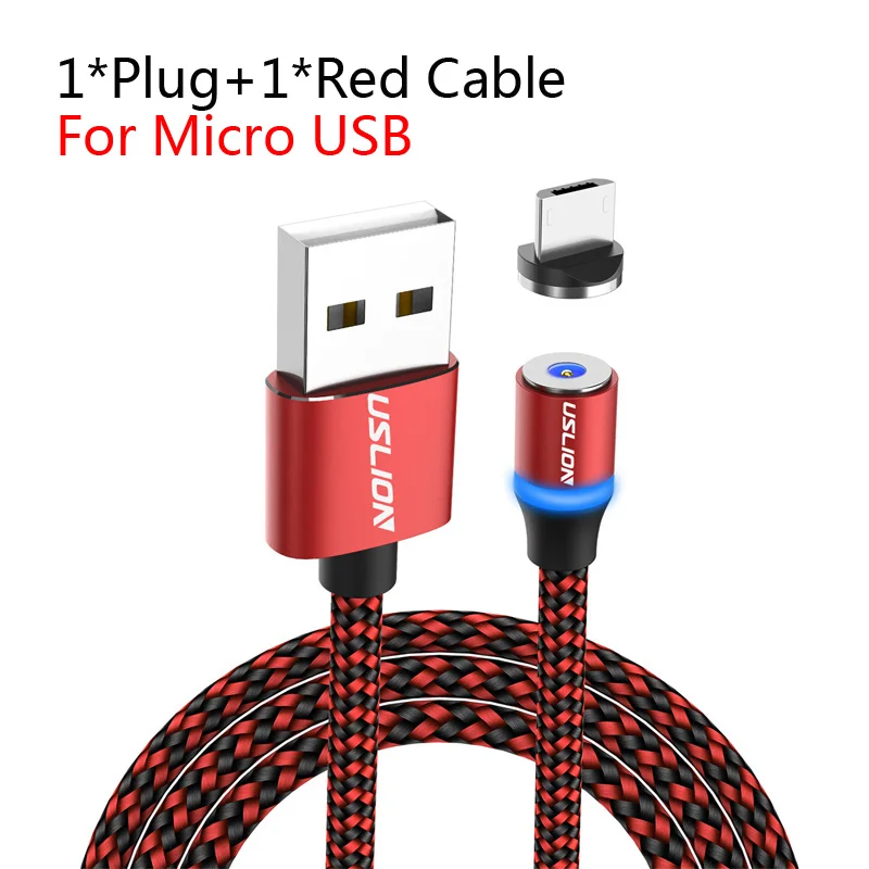 USLION 1 м 2 м светодиодный магнитный кабель USB type-C и Micro USB для iPhone Xs Max 8 7 6 для samsung Xiaomi HUAWEI зарядный кабель - Цвет: For Micro Red