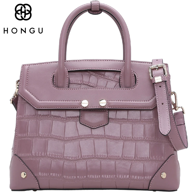

HONGU Luxury Top-handle Bags Female Designer Split Leather Purses and Handbag Crocodile Pattern Shoulder Cross Body Business Bag