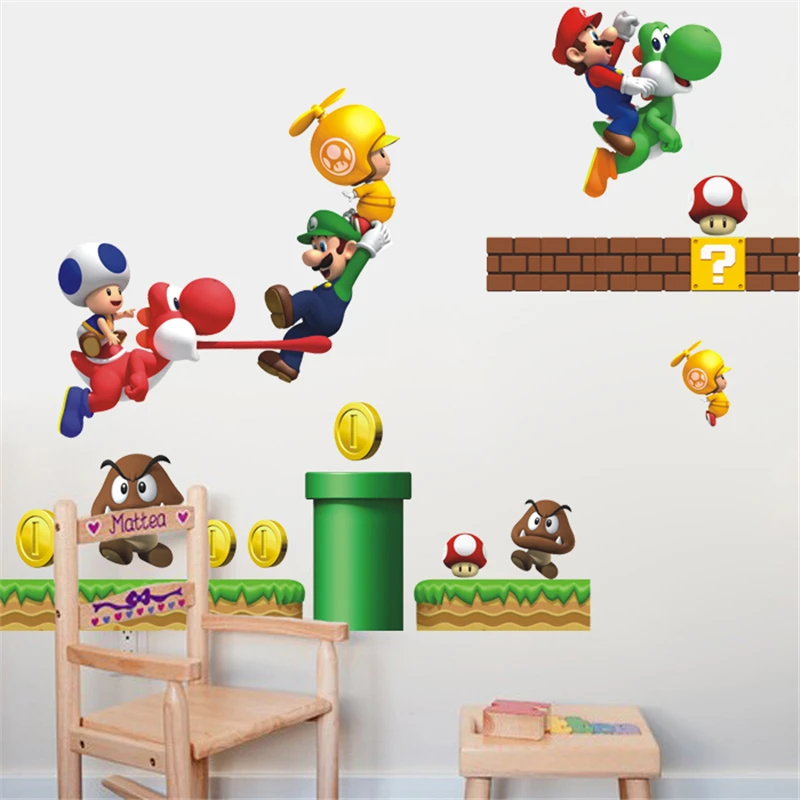 Мультяшная игра Супер Марио, Наклейки на стены для спальни, домашний Настенный декор adesivos de parede, сделай сам, ПВХ наклейки, детский подарок