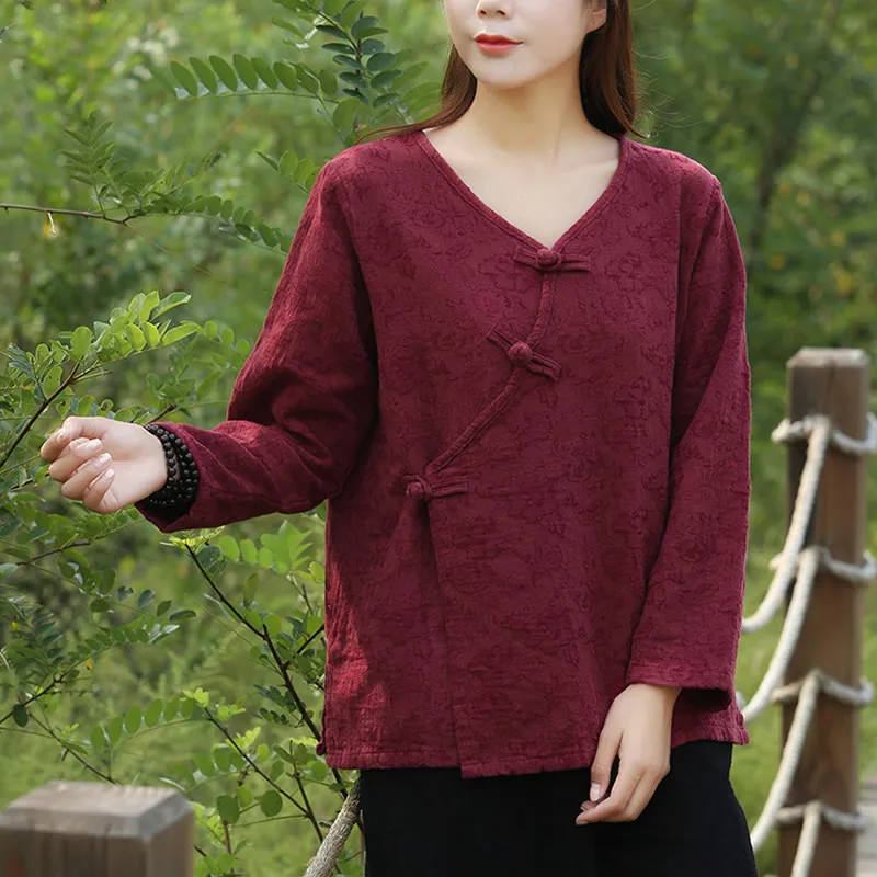 

Chinese style Long sleeve Autumn Women Shirt Blouse Cotton Linen Vintage Kimono Shirts Blouse Winter Warm Tops Blusas Femme C072