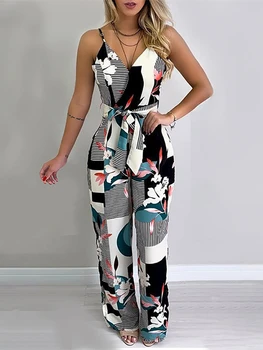 

2019 Women Elegant Vacation V-Neck Sleeveless Open Back Brief Casual Jumpsuit Spaghetti Strap Mixed Print Wide Leg Jumpsuit