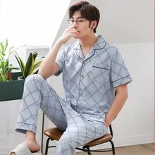 Летняя Домашняя одежда мужская повседневная клетчатая Пижама Наборы Мужской Хлопковый пижамный комплект Мужская рубашка с коротким рукавом и отложным воротником+ брюки