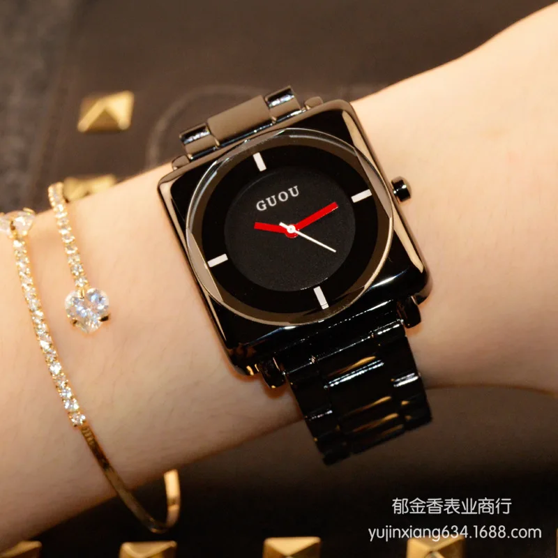 Relógio de Pulso com Pulseira de Quartzo Feminino em Ouro Rosa Preto com Correia de Aço Inoxidável Quadrado Simples e de Luxo de Alta Qualidade hk