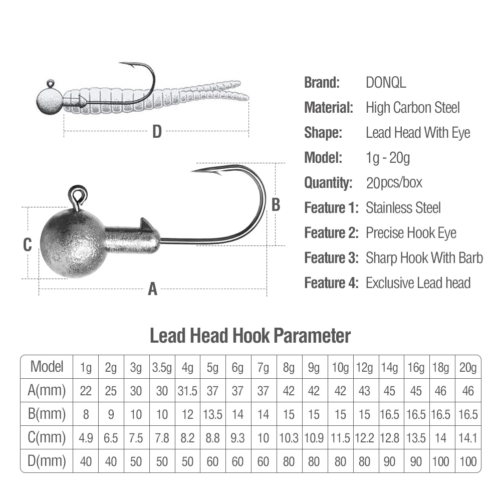 DONQL 20 шт./кор. приманка со свинцовым рыболовный крючок кривошипно Jig Head крючок для карпа, приманки для рыбалки, мягкие, червь 1-20 г рыболовные снасти аксессуары