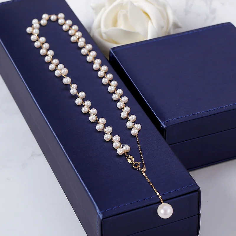 [YS] сугубо ручное вязание жемчужное ожерелье ювелирные изделия с натуральным 18 K золотое ожерелье с жемчугом