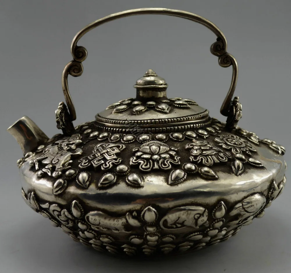 

Collection Collectible Decorated Old Handwork Tibet Silver China 12 Zodiac Flower Tea Pot wholesale factory Bronze Arts outlets