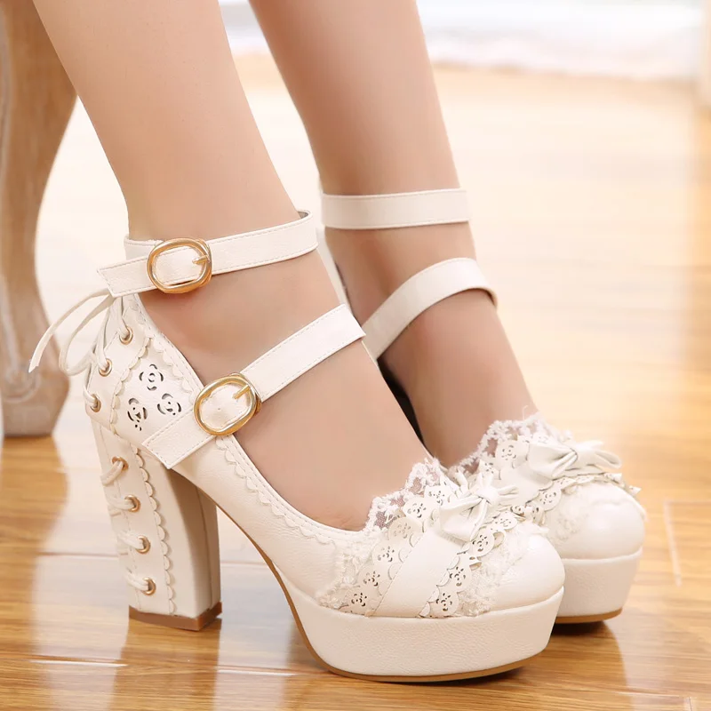 

Sweet Lolita Small Fresh Kawaii Lace Trim Bow Princess High Heel platform shoes Japanese Harajuku Daily Buckle Sandals Shoes