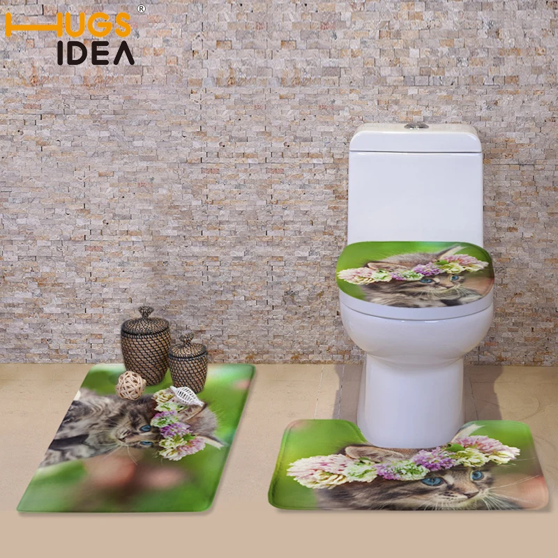 

HUGSIDEA 3D Cute Cat Floral Print Toilet Seat Covers Mat 3 Piece Set Warmer Soft Bathroom Carpeted Toilet Accessories Set