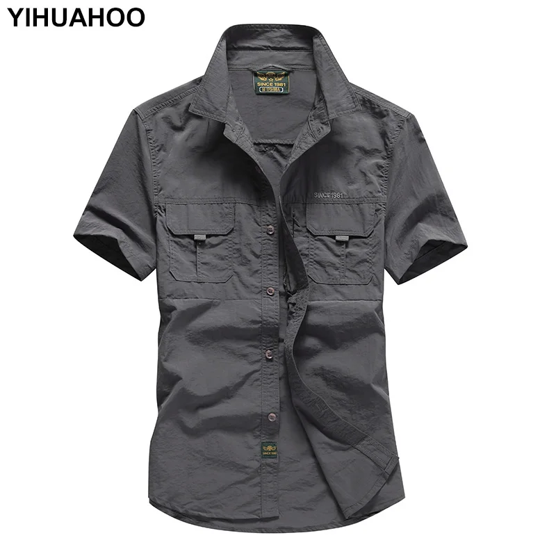 YIHUAHOO Casual Dress Shirt Men Summer Short Sleeve With Chest Pockets Solid Color Military Cotton Shirts For Men XZL-1277