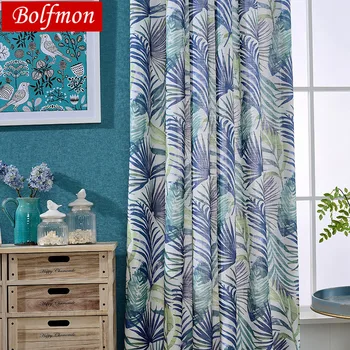 

2 Colors ECO Cotton Polyester Custom Half Shading Leaves Tropical Curtains for living Room America Window Treatmetn Drapery