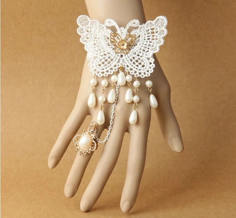 

High Grade Vintage Fresh Brief Style Butterfly Lace Flower Imitated Pearl Bridal Gloves/One Piece Wedding Hand Ornament 1196