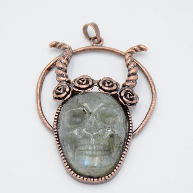 

Vintage Antique Copper Bronze Natural Labradorite Stone Sheep Head Skeleton Evil Punk Charms Women Men Necklace Pendants Jewelry