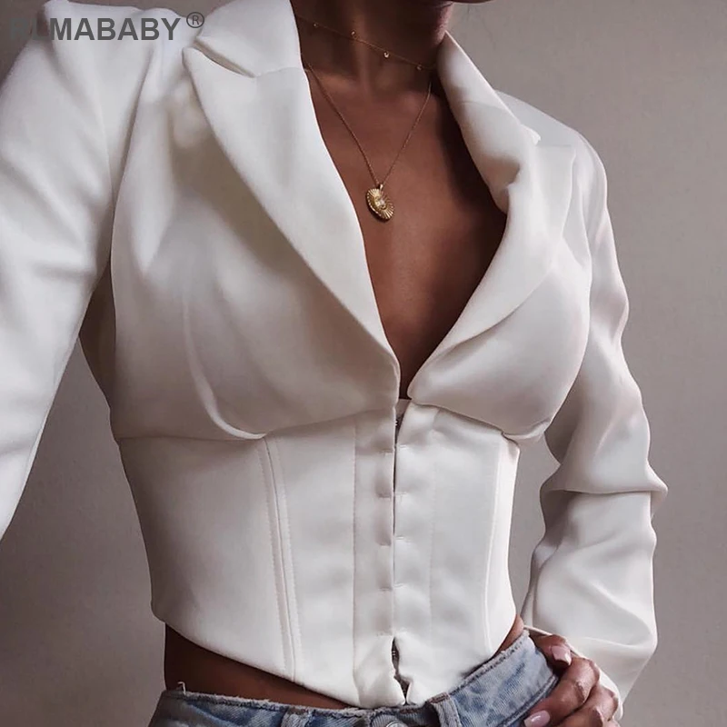 

RLMABABY White Single-Breasted Turndown Collar Sexy Crop Top Fashion Long Sleeve Summer Women Tshirt Casual Short Femme Tops
